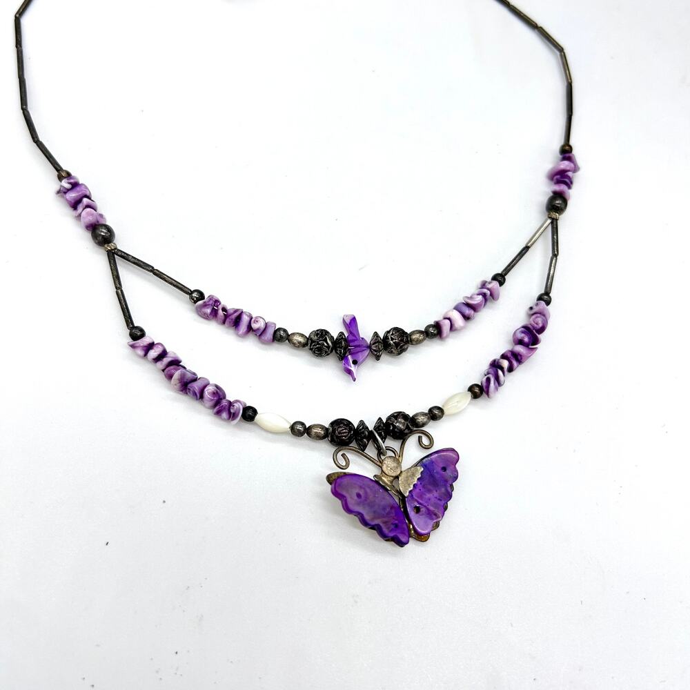 Vintage Butterfly Necklace Southwestern Purple Liquid Silver Tone Boho Jewelry